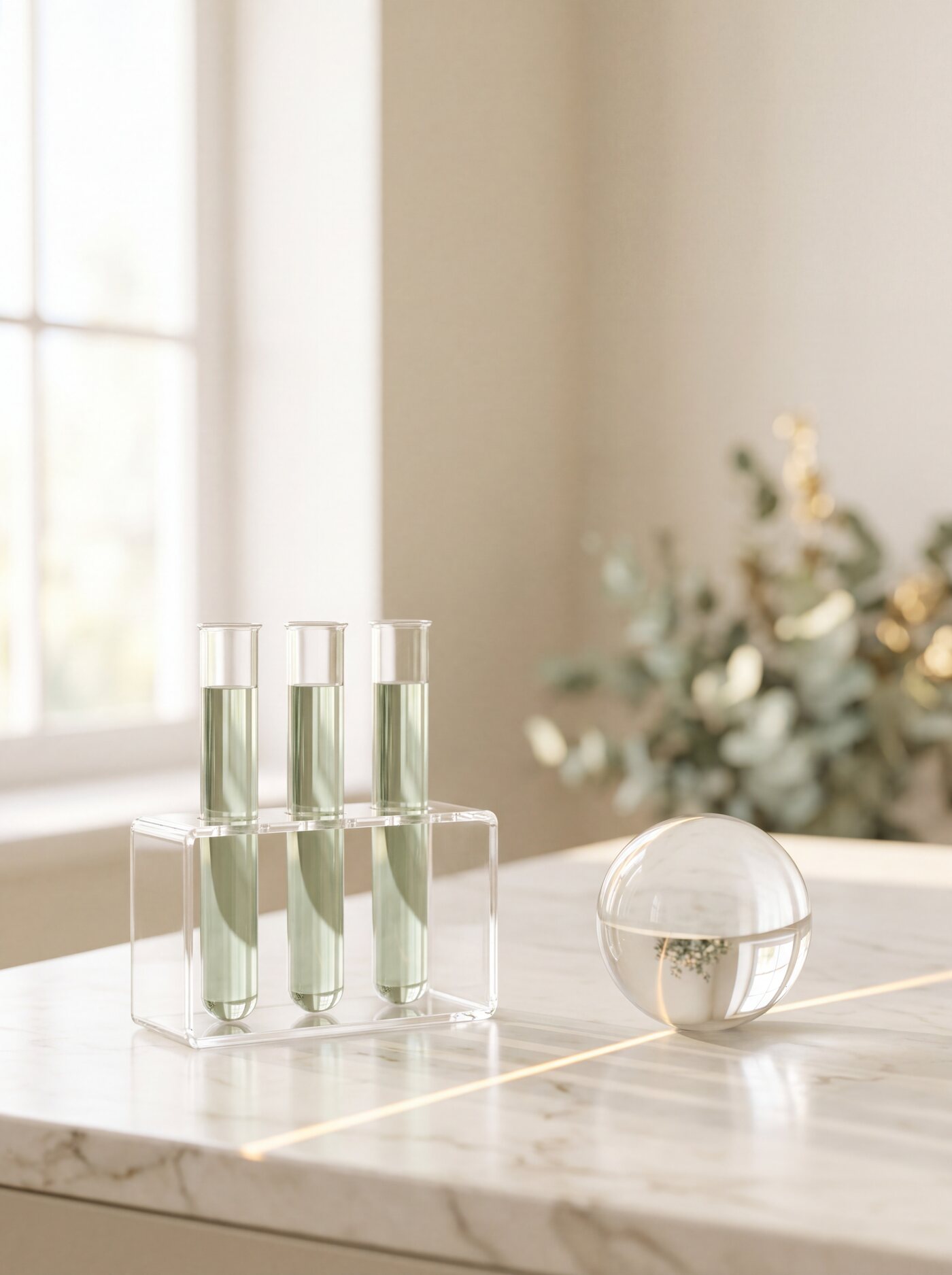 Sample tubes in a clear rack and a glass sphere on a marble counter by a window.